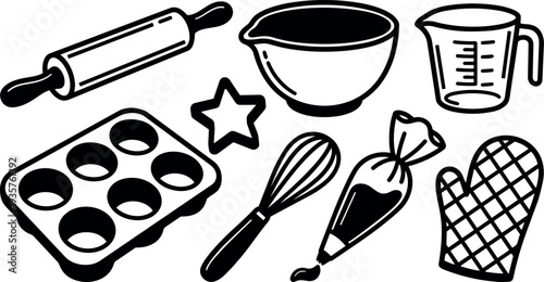 Line art close up collection of baking utensils rolling pin whisk piping bag measuring cup bowl muffin tray oven mitt