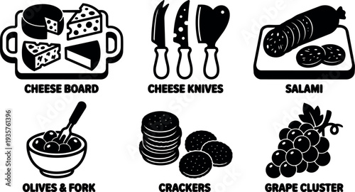 Minimalist black vector charcuterie board icons with cheese wedges salami crackers grapes olives and knives front view flat design closeup