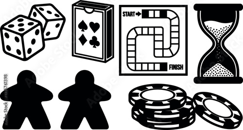 Flat design board game icons set with dice playing cards meeples poker chips hourglass game board top view black silhouettes