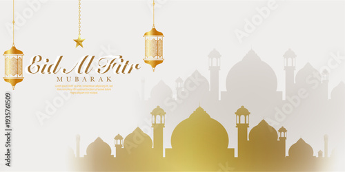 Holy eid mubarak festival golden banner with lantern and arabic decoration
