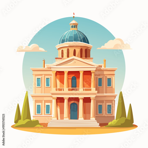 Grand government building with domed roof and stately columns under a bright sky