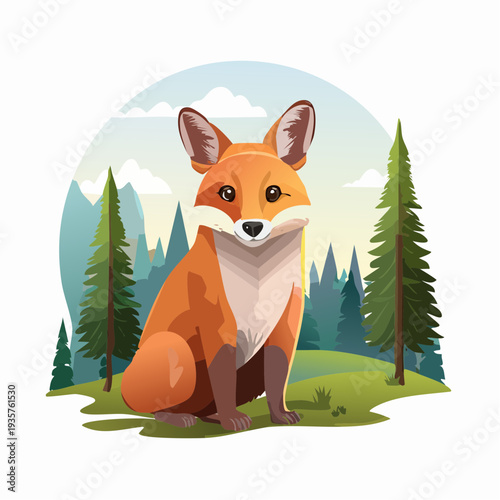 Vibrant illustration of a charming red fox, peacefully observing its serene natural forest habitat