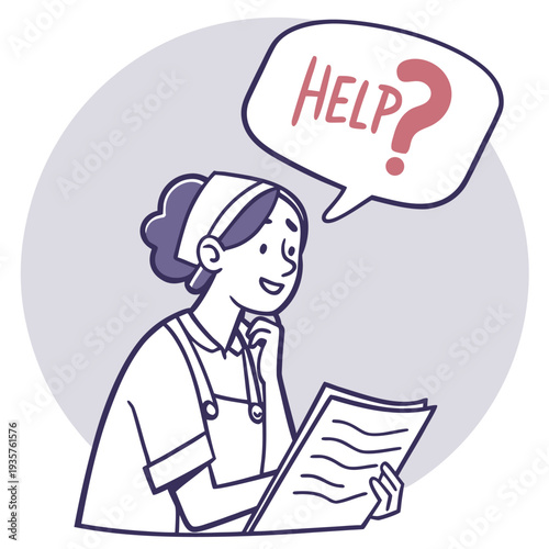A woman looks confused while reading a document and wonders for help