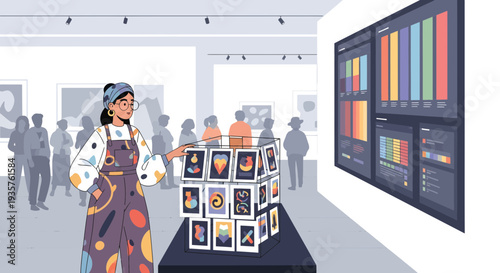 Young woman admiring art installation in gallery.