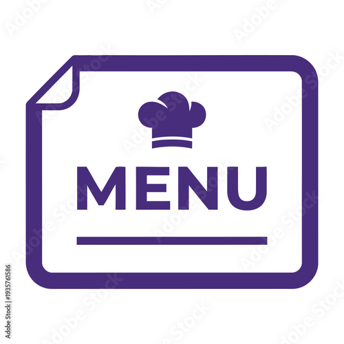Purple menu card featuring bold text and chef hat icon on a white background for restaurant dining