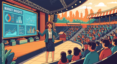 Businesswoman presenting market insights on stage to audience.