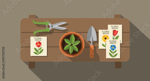 Gardening Tools and Seed Packets on Bench.