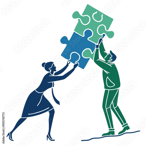 A woman and a man putting together puzzle pieces