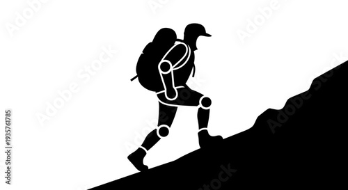 Hiker with Backpack Climbing Steep Mountain Slope.