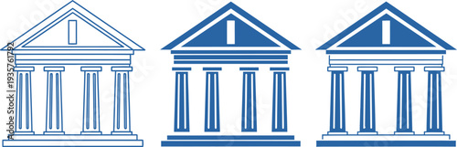 Three classic blue and white architectural facades with columns