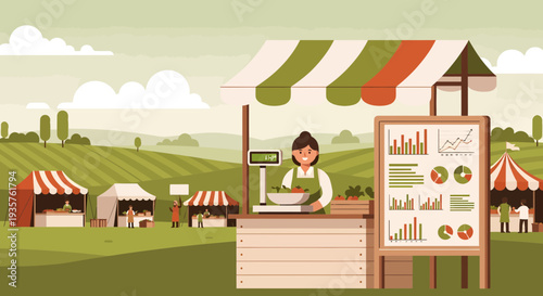 Female vendor selling fresh produce at a farmers market stall.