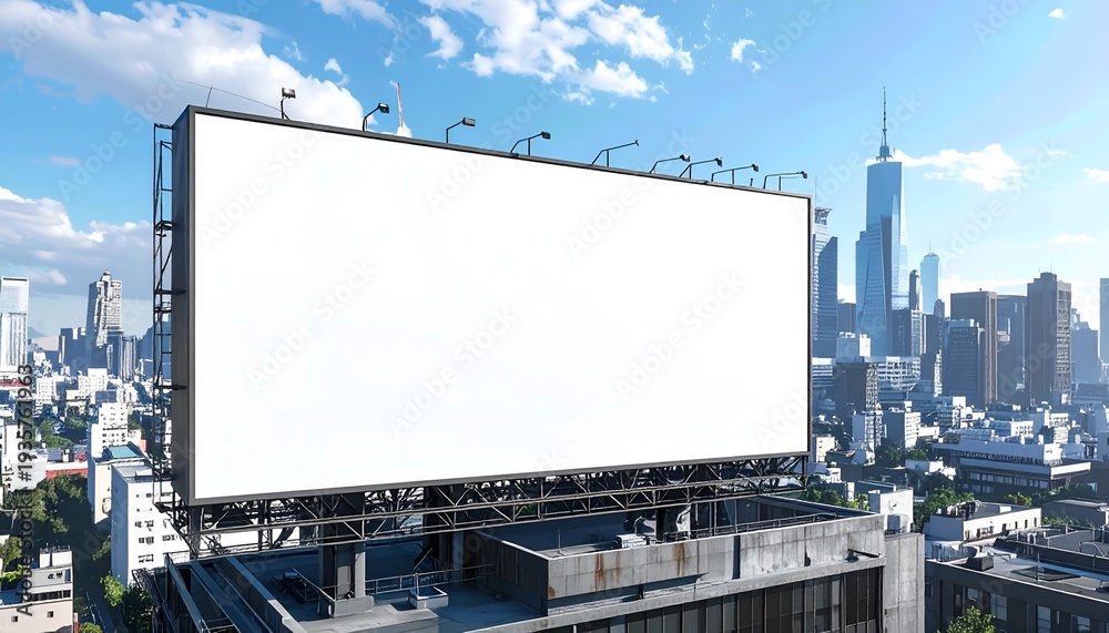 Obraz premium Billboard in Metropolis: An elevated billboard offers a prime opportunity for impactful messaging, situated atop a city building, with a stunning city backdrop, ideal for advertisement.