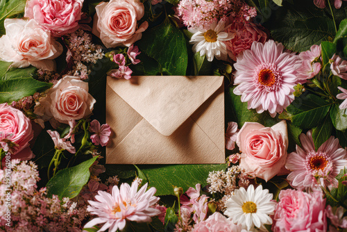 A rustic envelope is surrounded by a vibrant arrangement of pink roses, daisies, and lush green leaves, creating a charming floral frame.