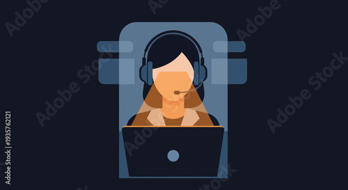 Woman Wearing Headphones Using Laptop Computer.