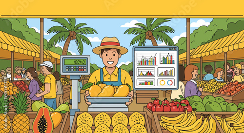 Smiling farmer selling fresh tropical fruits at market stall.