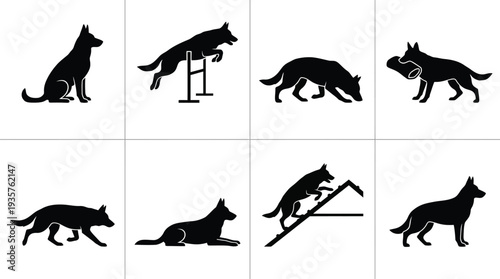 Silhouette illustrations of German Shepherd dogs showcasing various training activities and behaviors