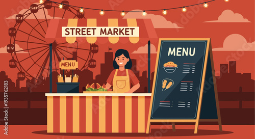 Street Market Food Vendor Serving Customers Delicious Meals.