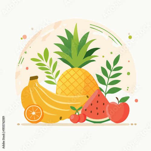 Vibrant Arrangement of Fresh Fruits Pineapple, Bananas, Watermelon, Cherries, and Apple