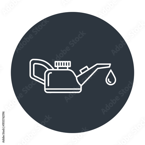 Oil canister with dripping oil symbolizing lubrication and maintenance in a minimalist icon style on a dark circular background