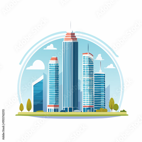 Dynamic urban landscape illustration featuring a vibrant city skyline with modern skyscrapers and lush greenery under clear skies, symbolizing growth and progress
