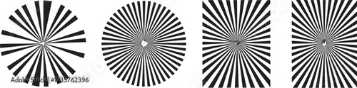 Set of radial sunburst patterns and Siemens star focus charts with black and white circular and square starburst elements for optical testing and graphic design.