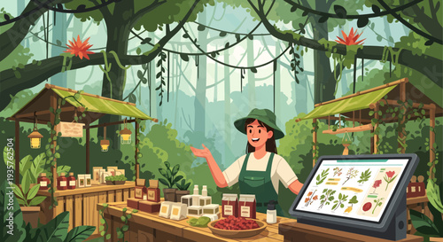 Woman selling natural products at a jungle market stall.