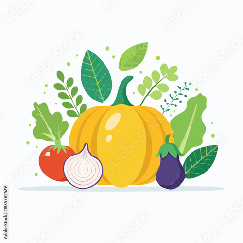 Colorful flat design illustration of a bountiful harvest featuring a variety of wholesome garden-fresh vegetables for healthy eating concept