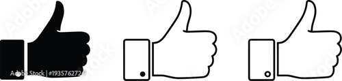 Thumbs up icon set with black solid and outline line art versions for social media like button positive feedback success and approval vector illustrations.