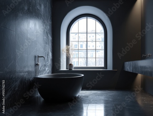 Dark bathroom features arched window and freestanding tub. Modern minimalist design with sleek black tiles and fixtures. Natural light streams through large arched window