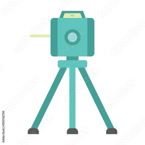 Teal surveying instrument emits yellow laser beam on tripod for precision measurements