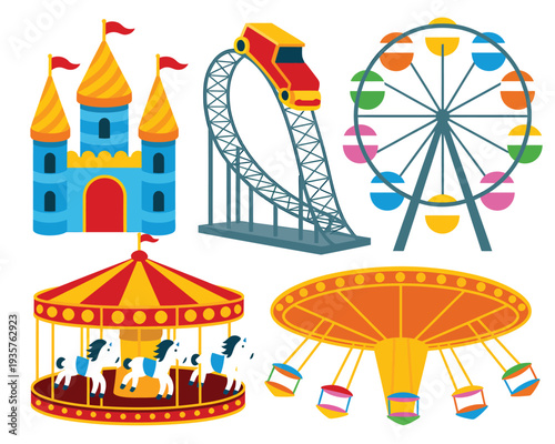 Amusement park rides featuring castle, roller coaster, carousel, and swing ride.