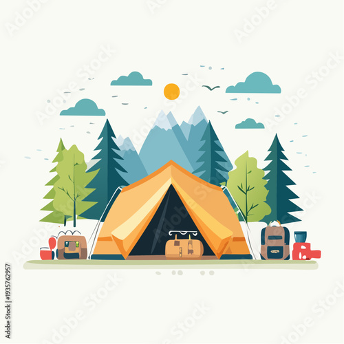Vibrant Flat Illustration of a Camping Tent Surrounded by Nature and Mountains