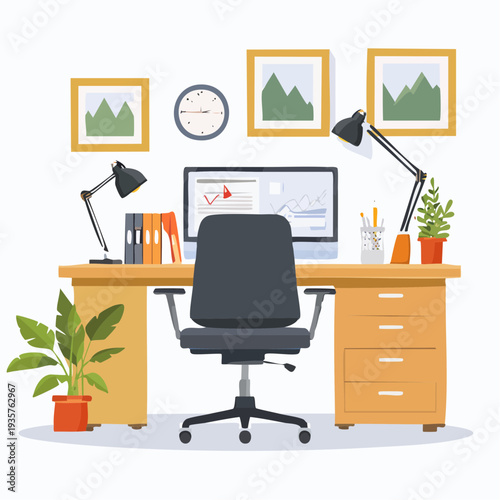 Modern and organized home office workspace with computer, chair, and decorative elements for a productive environment