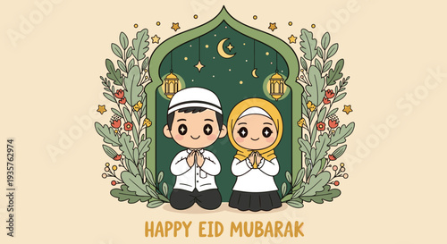 Happy Eid Mubarak, modern flat vector showing family happiness, generosity, and joyful Eid Mubarak celebration