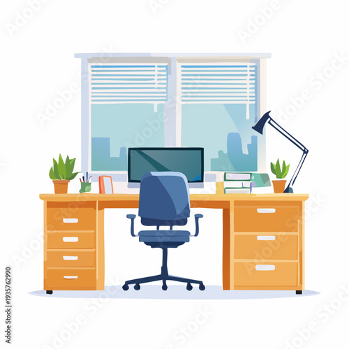 Contemporary Home Office Workspace with Computer, Ergonomic Chair, and Desk Setup by a Bright Window