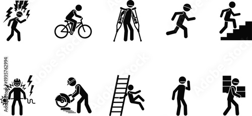 Collection of black stick figure icons depicting workplace safety hazards construction activities injury recovery and daily physical movements