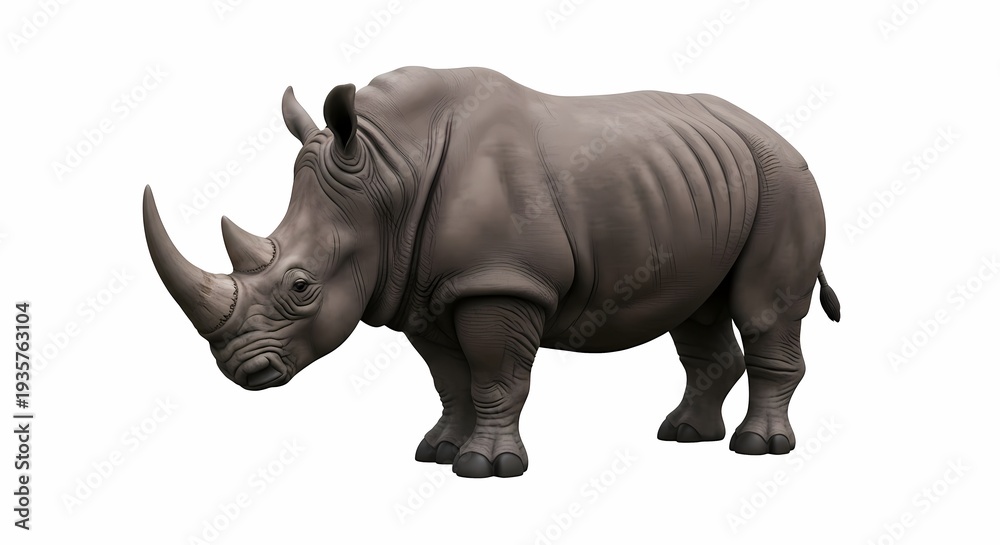 Obraz premium Powerful Grey Rhinoceros with Distinctive Horn Standing Calmly on a Pure White Background, Highlighting its Majestic Presence in African Wildlife Conservation