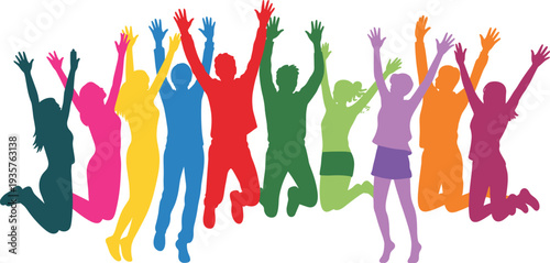 Colorful jumping people silhouettes, happy cheering crowd celebration, excited friends raising hands, joyful team success concept vector illustration