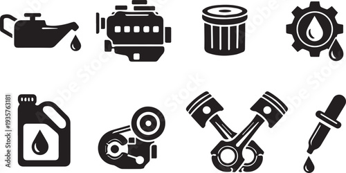 A collection of eight essential black glyph icons representing car maintenance and engine components is displayed.