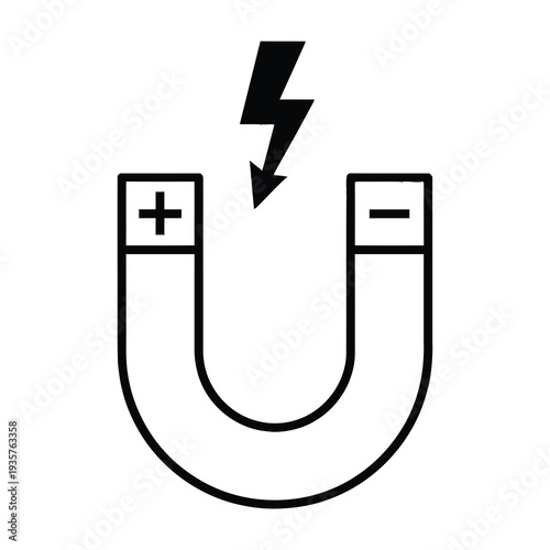 Dynamic electricity arc illustration between positive and negative terminals in a horseshoe magnet shape symbolizing power flow and electromagnetic connection