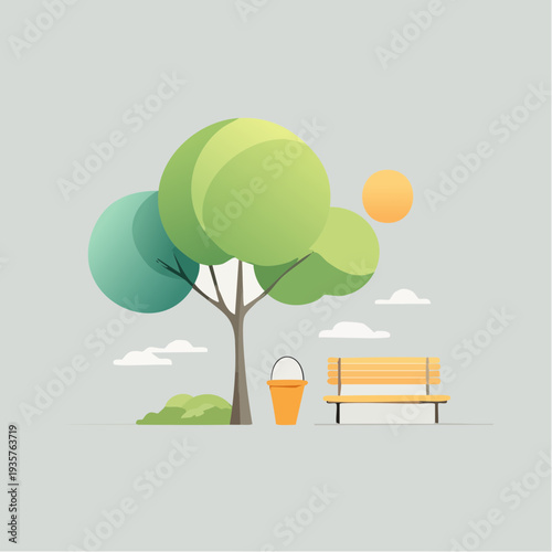 Serene park scene with a tree, bench, and bucket under a soft sun