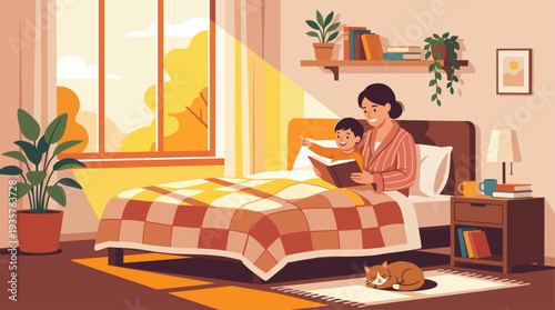 Cozy bedroom scene with mother and child reading together in bed.
