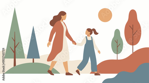 Mother and daughter walking together in a serene landscape.