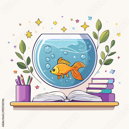 A vibrant goldfish in a sparkling fishbowl, surrounded by an open book, colorful pencils, and symbolic elements of learning and imaginative discovery