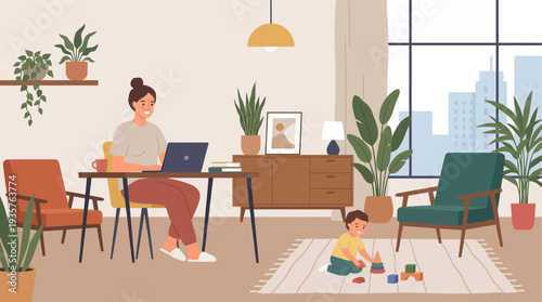 Woman working on laptop while child plays on the floor in a cozy living room.