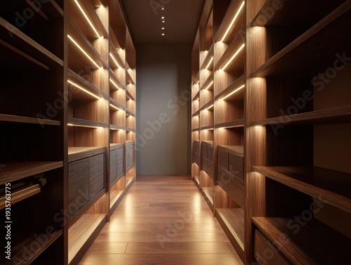 Warm light illuminates polished wooden shelves. Each shelf holds empty space for display or storage. Modern lighting enhances the cozy, minimalist aesthetic