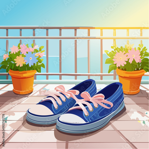 Comfortable blue canvas sneakers with pink laces catching the bright morning sun on a charming balcony with flowers