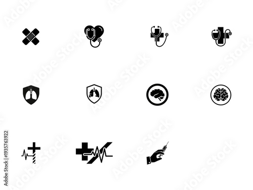 Medical Set with Stethoscope Heart Lungs Brain Syringe and Cross medical healthcare symbols