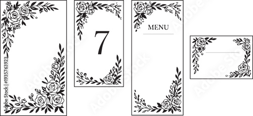 A lovely set of four rectangular frames is adorned with beautiful floral and leaf corner arrangements in black and white.