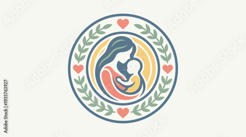 Mother and Child Emblem with Hearts and Laurel Wreath.